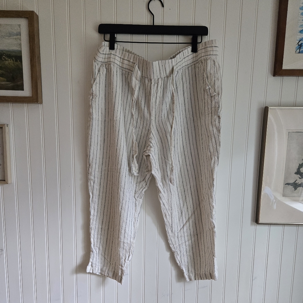 Striped Cropped Linen-Blend Ankle Pants - White
